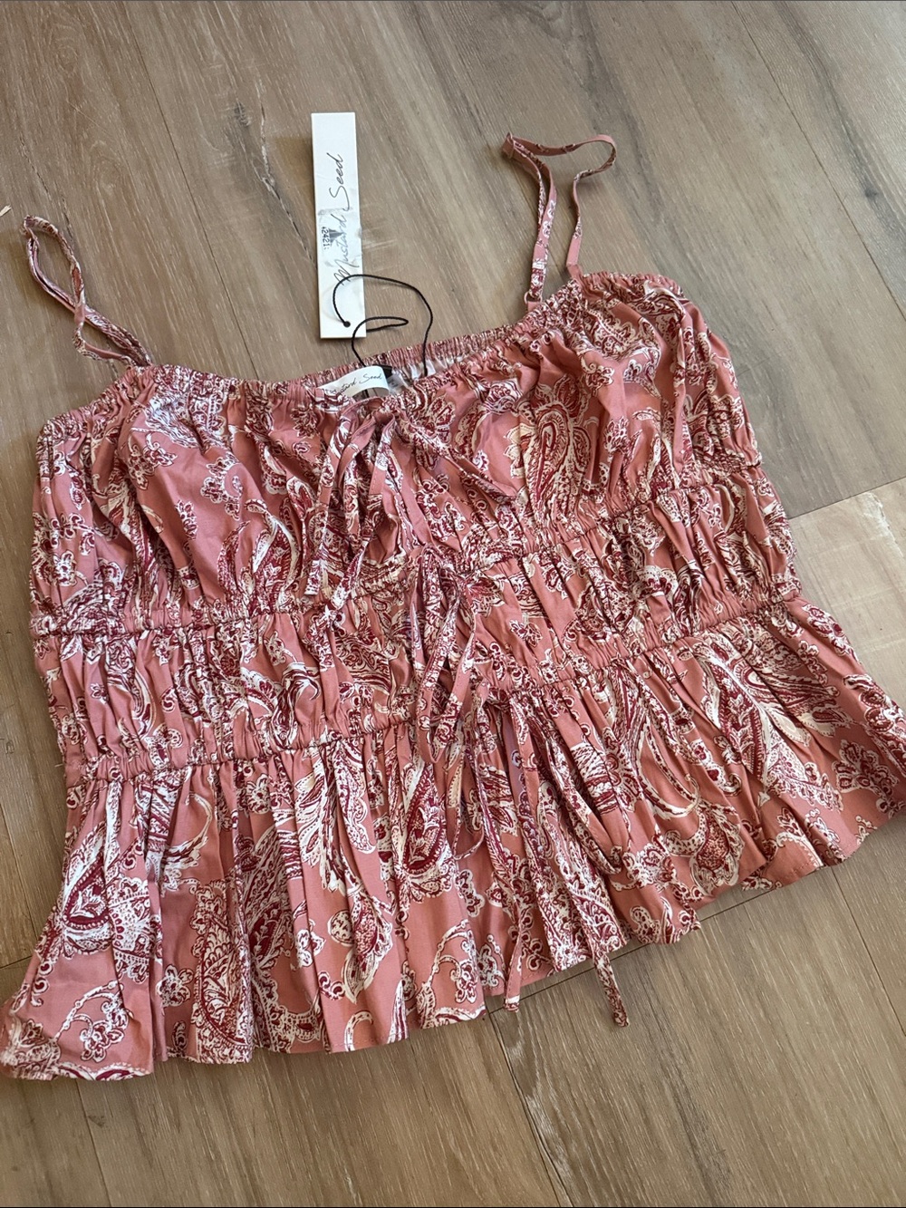 Mustard Seed Dusty Rose Paisley Smocked Ruffle Cami, adjustable straps